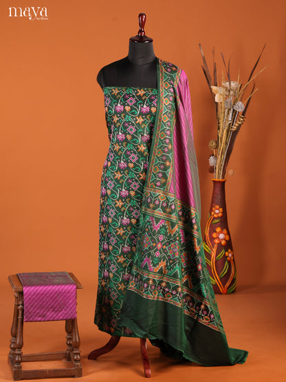 Radiant Green & Purple Semi Patola Salwar Suit Material With Floral Vines