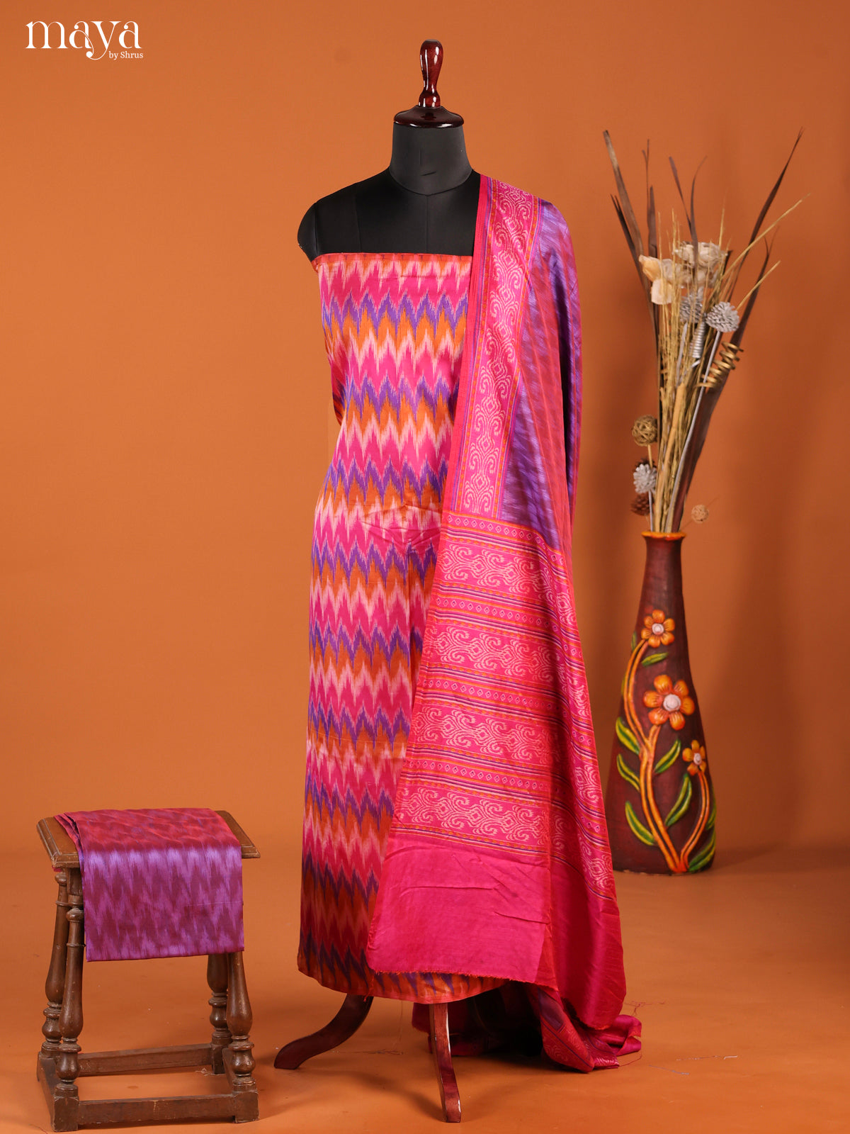 Playful Pink & Purple Semi Patola Salwar Suit Material With Ikkat Print