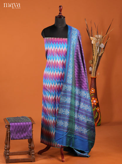 Pretty Blue & purple Semi Patola Salwar Suit Material With Ikkat Pattern