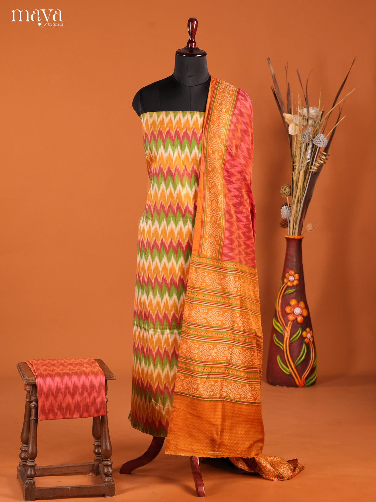 Elegant Mustard & Brick Semi Patola Salwar Suit Material With Ikkat Pattern