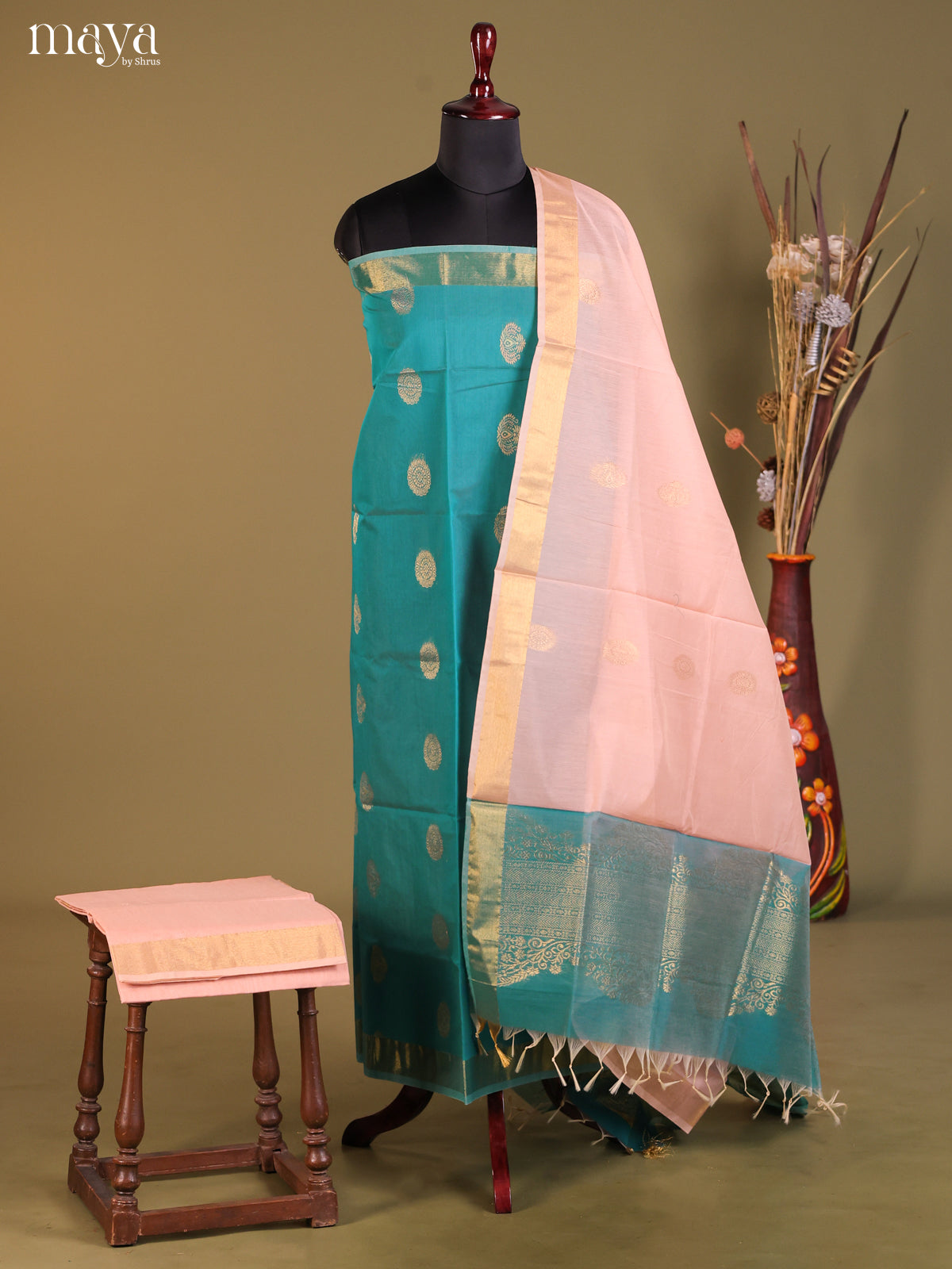 Blue & Pink-Semi silkcotton salwar unstitch