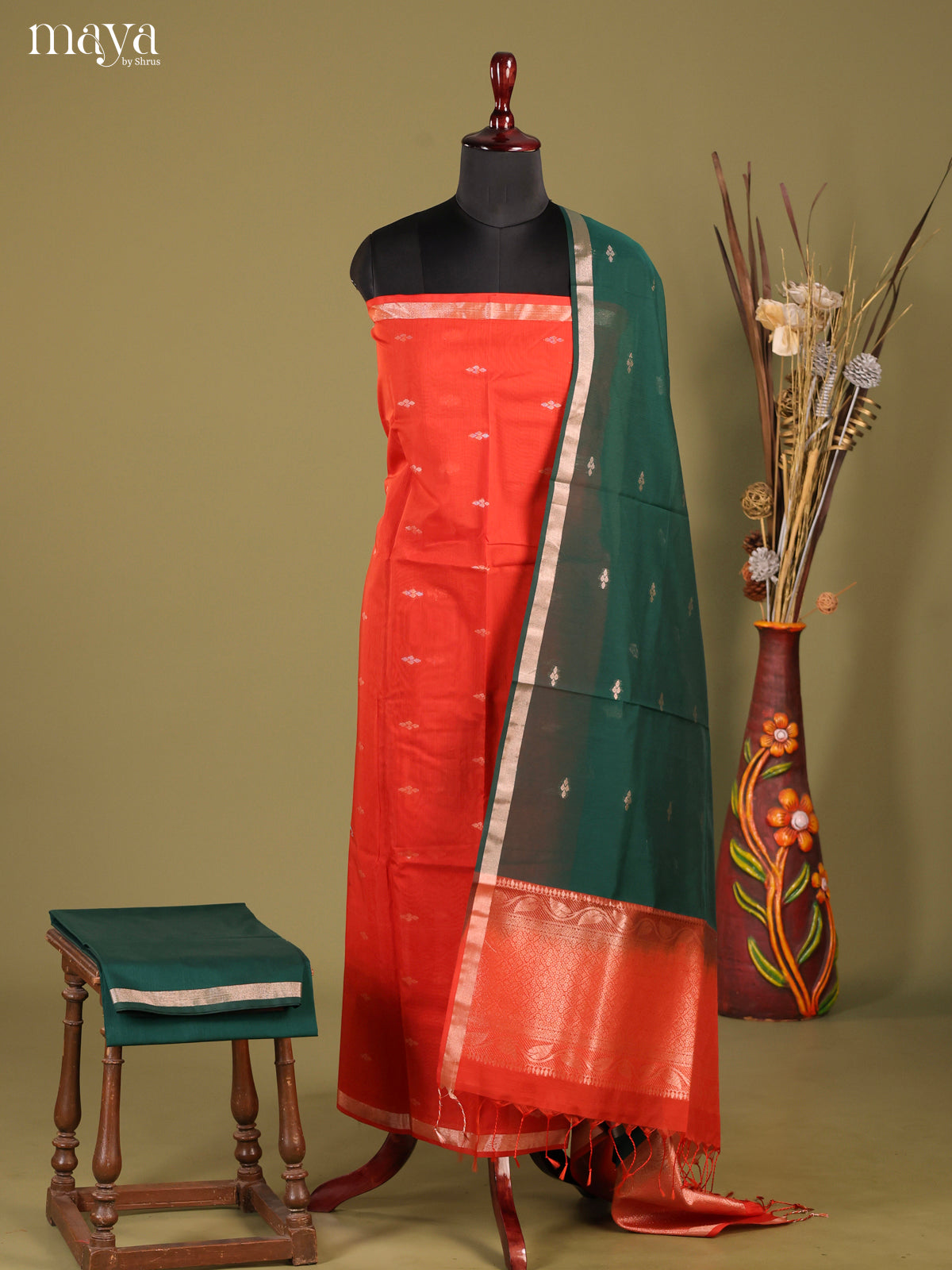 Orange & Green-Semi silkcotton salwar unstitch