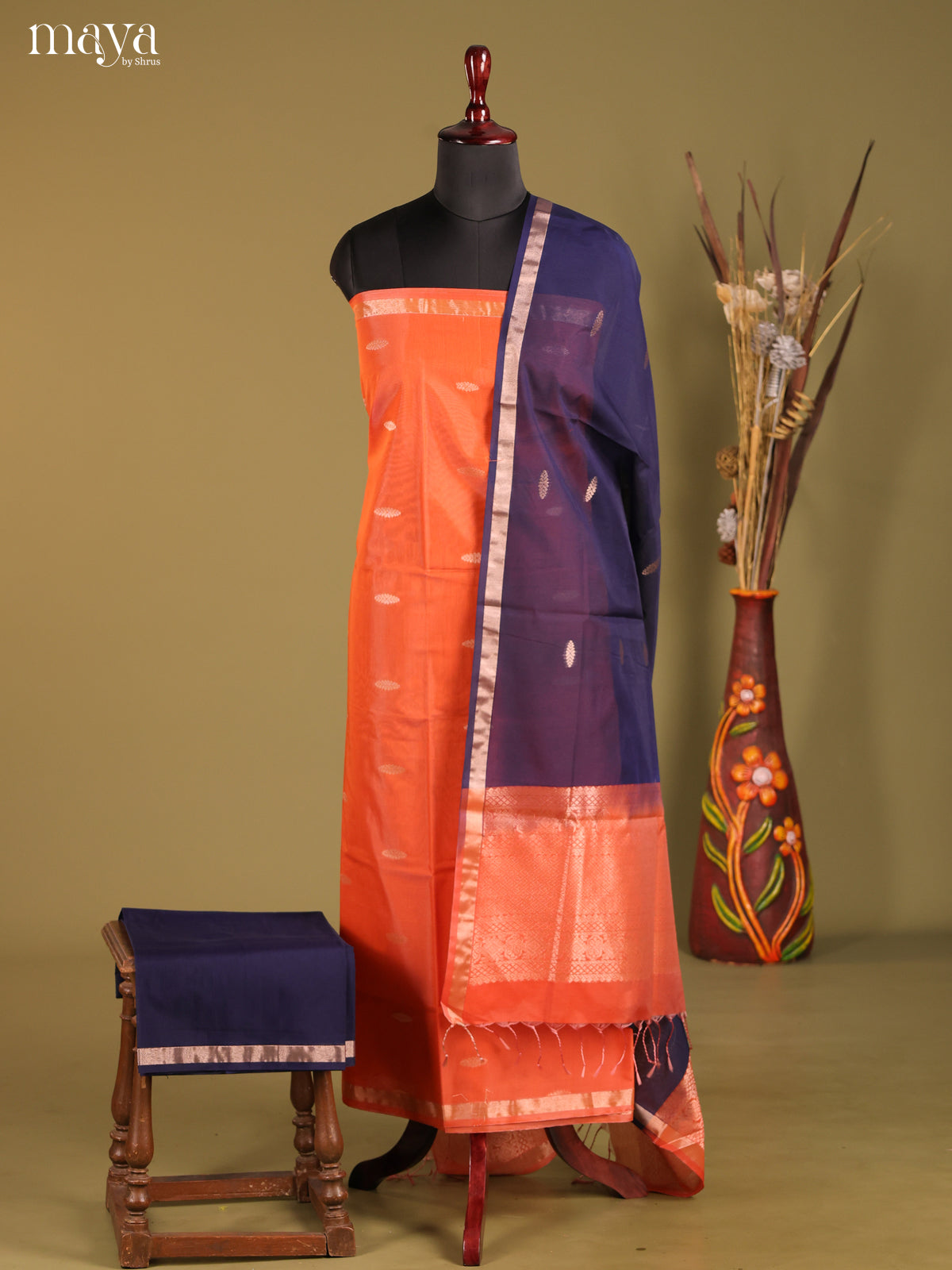 Orange & Blue-Semi silkcotton salwar unstitch