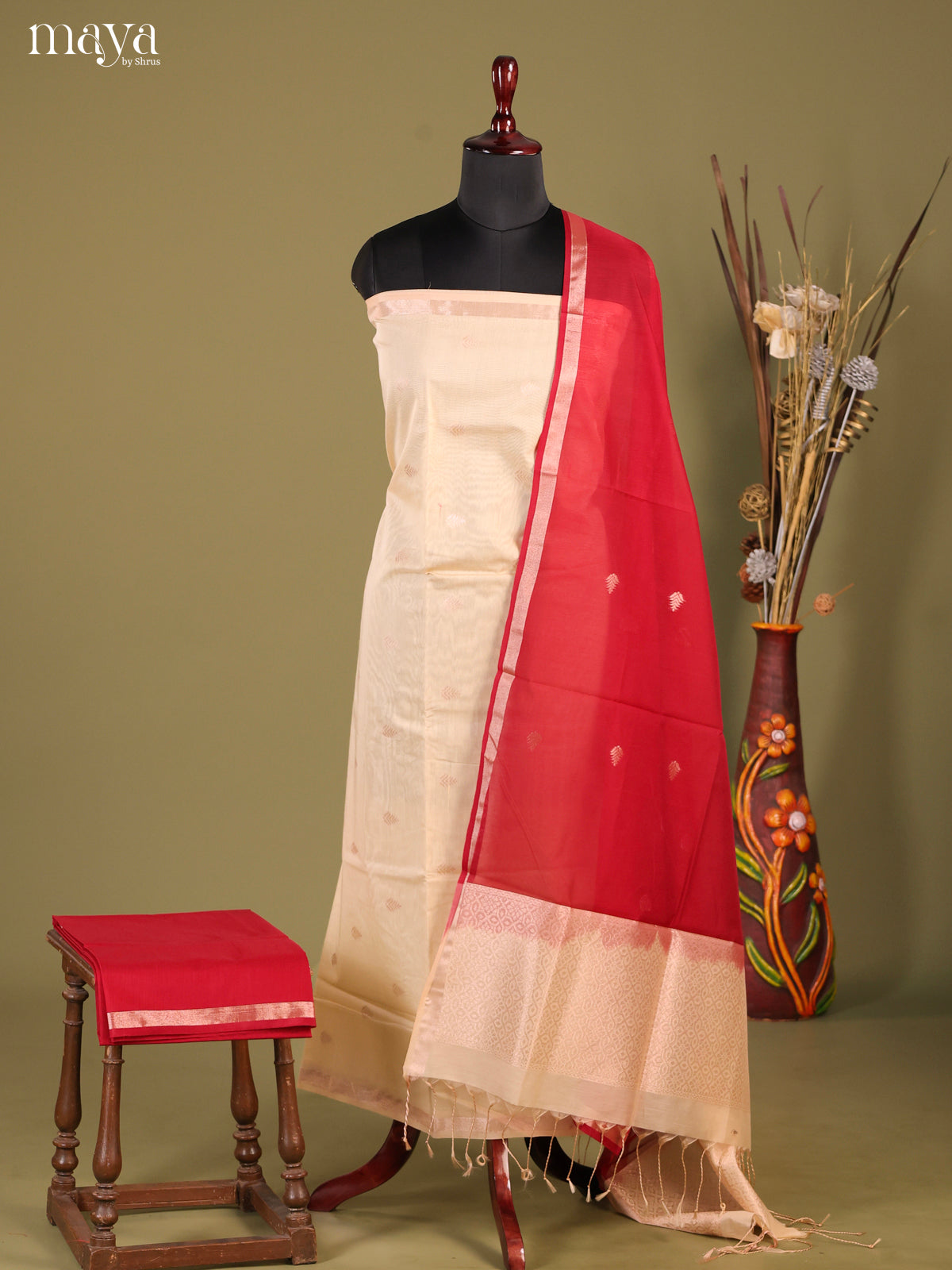 Cream & Red-Semi silkcotton salwar unstitch