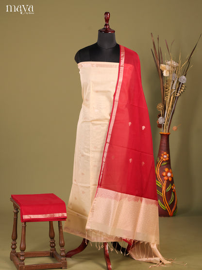 Cream & Red-Semi silkcotton salwar unstitch