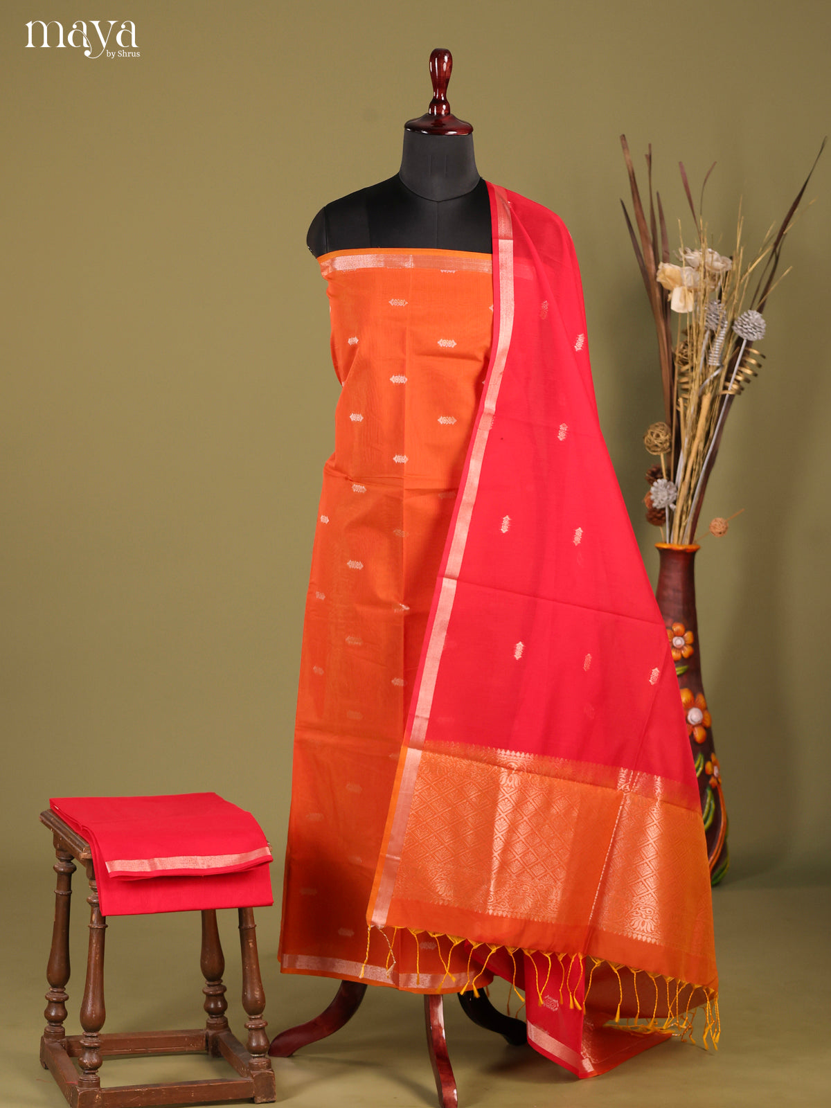 Orange & Red-Semi silkcotton salwar unstitch