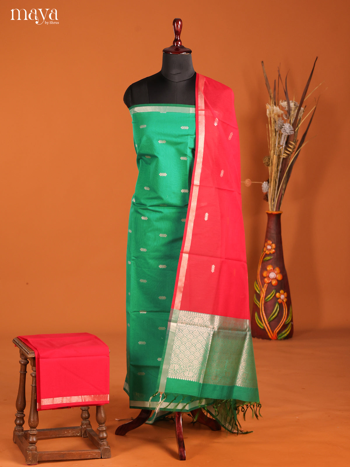 Green & Red-Semi silkcotton salwar unstitch