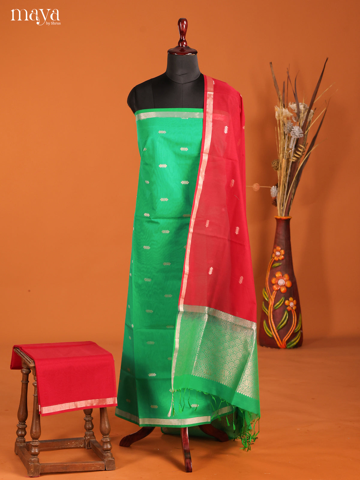 Green & Red-Semi silkcotton salwar unstitch