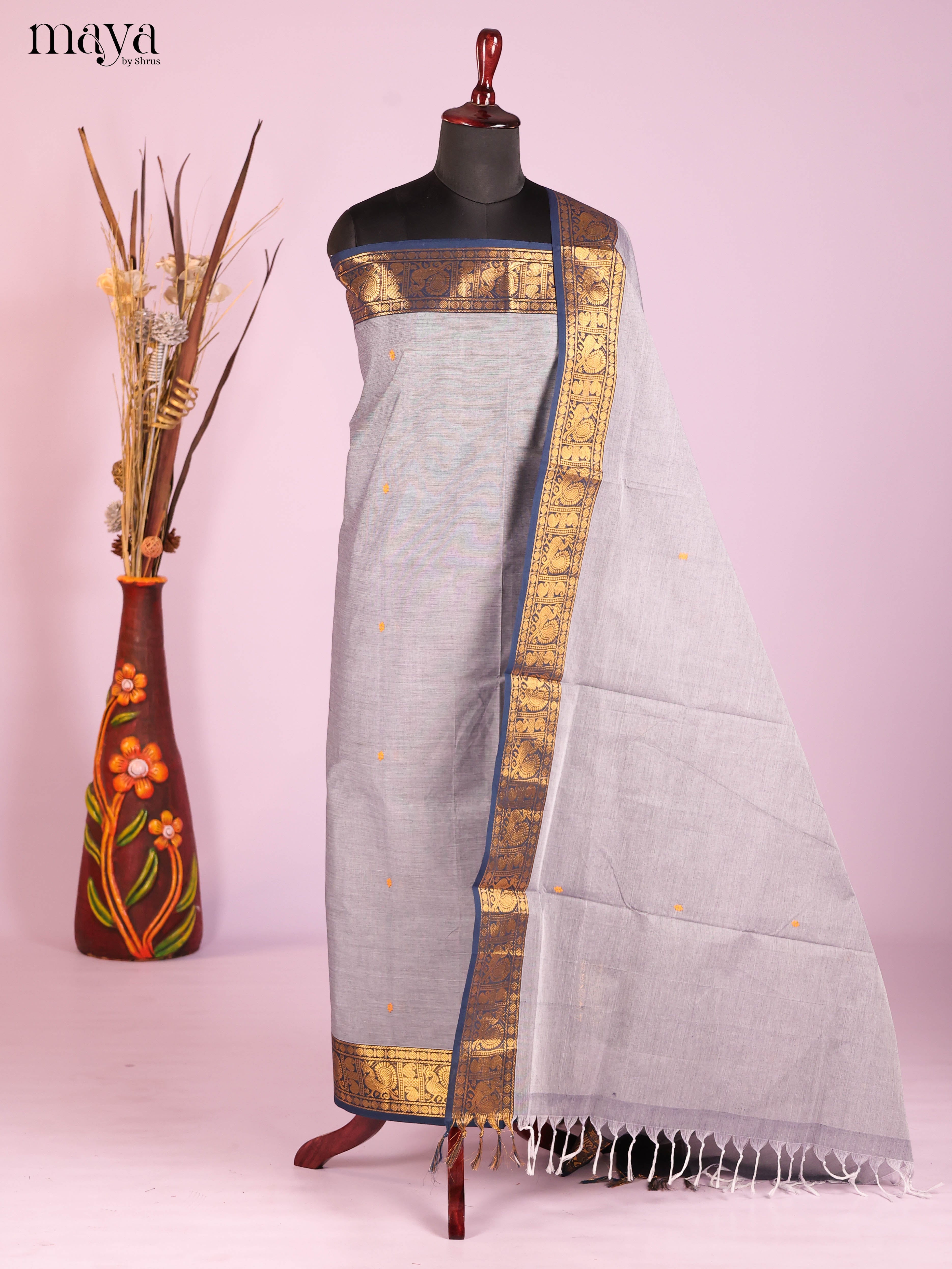 Exquisite Grey Chettinad Cotton Top & Dupatta Set With Blue Zari Border