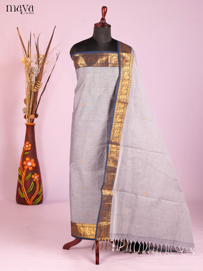 Exquisite Grey Chettinad Cotton Top & Dupatta Set With Blue Zari Border