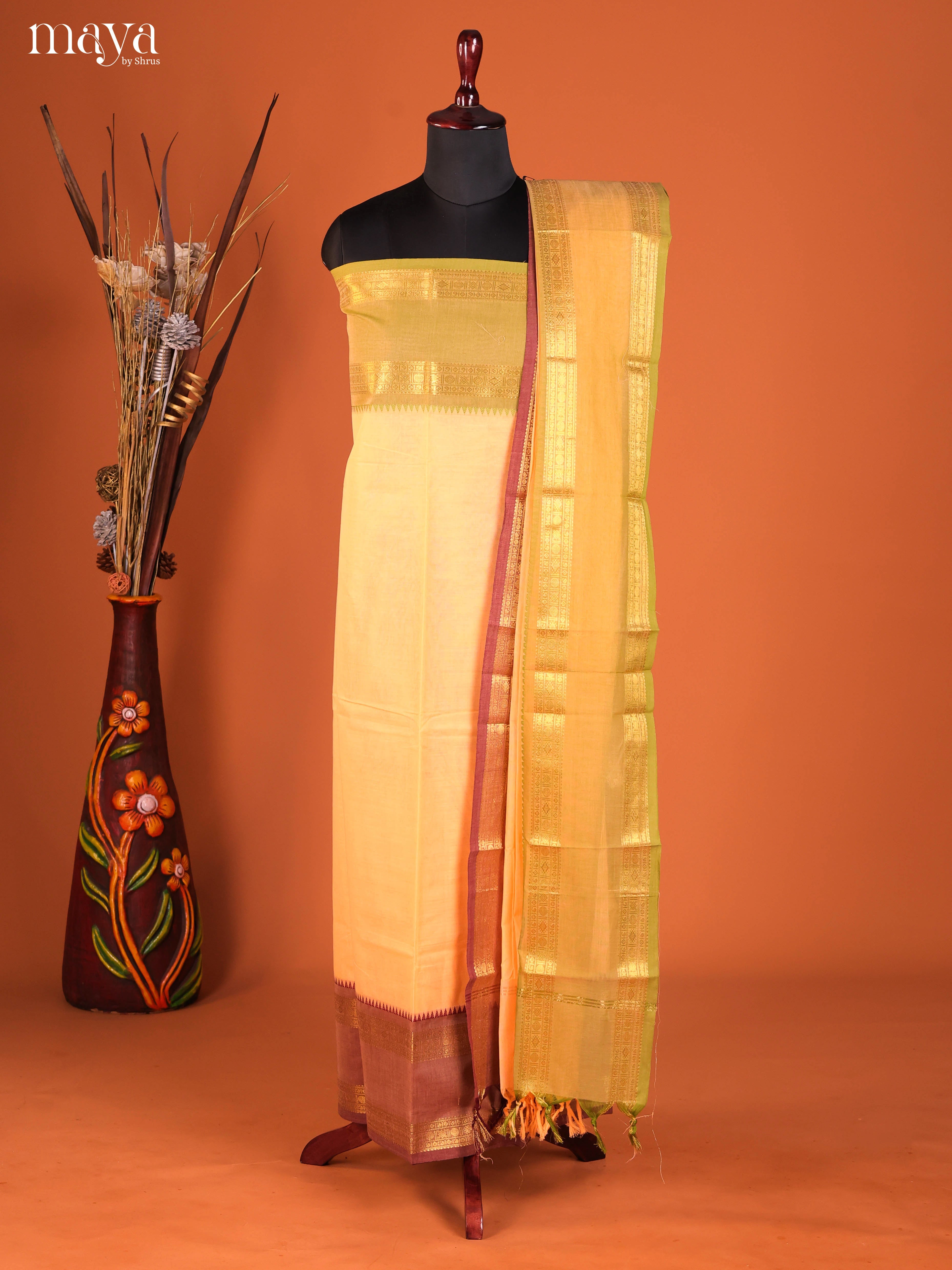 Classic Cream Chettinad Cotton Top & Dupatta Set With Rettaipet Zari Border