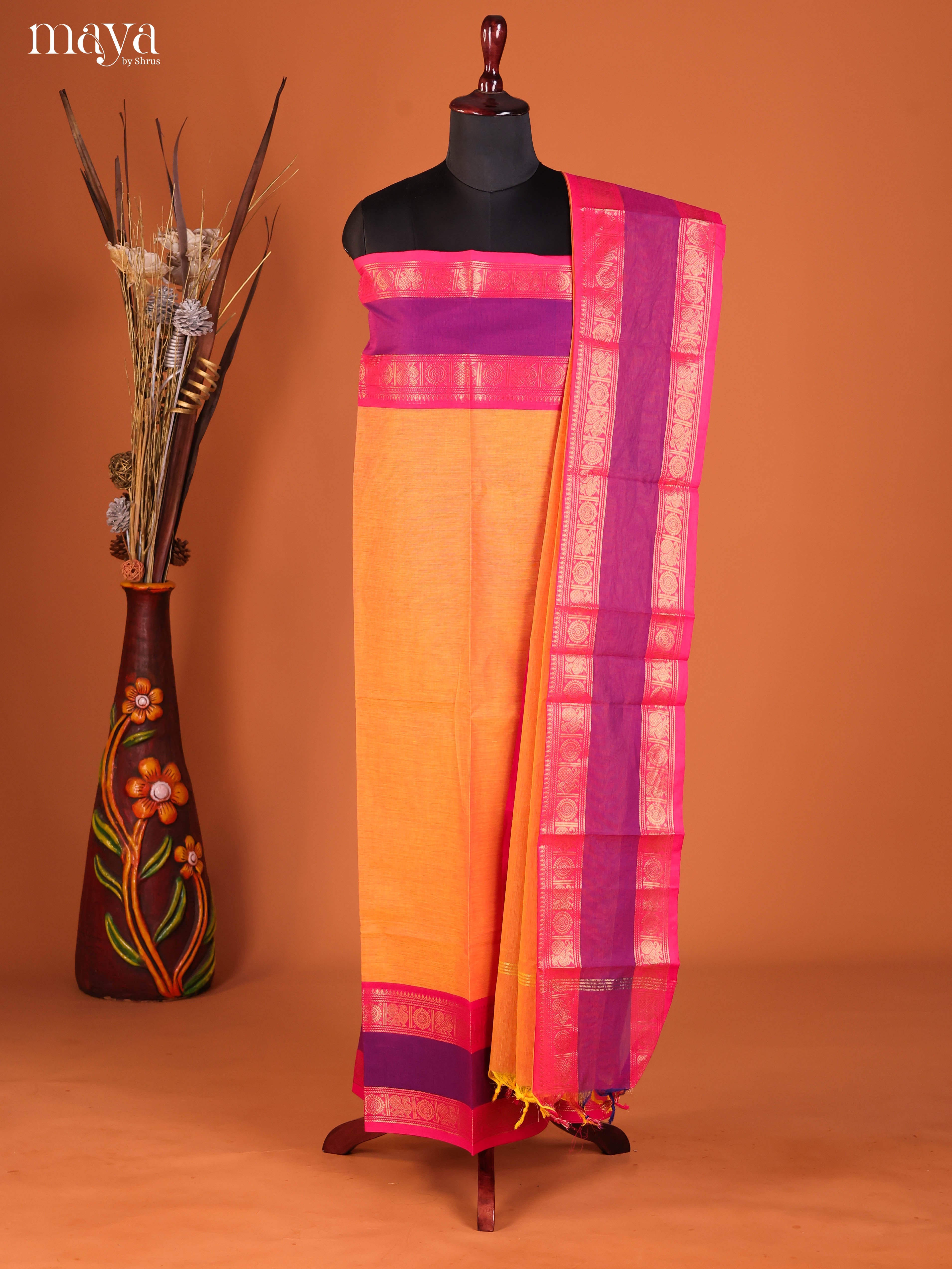 Pretty Orange Chettinad Cotton Top & Dupatta Set With Rettaipet Zari Border