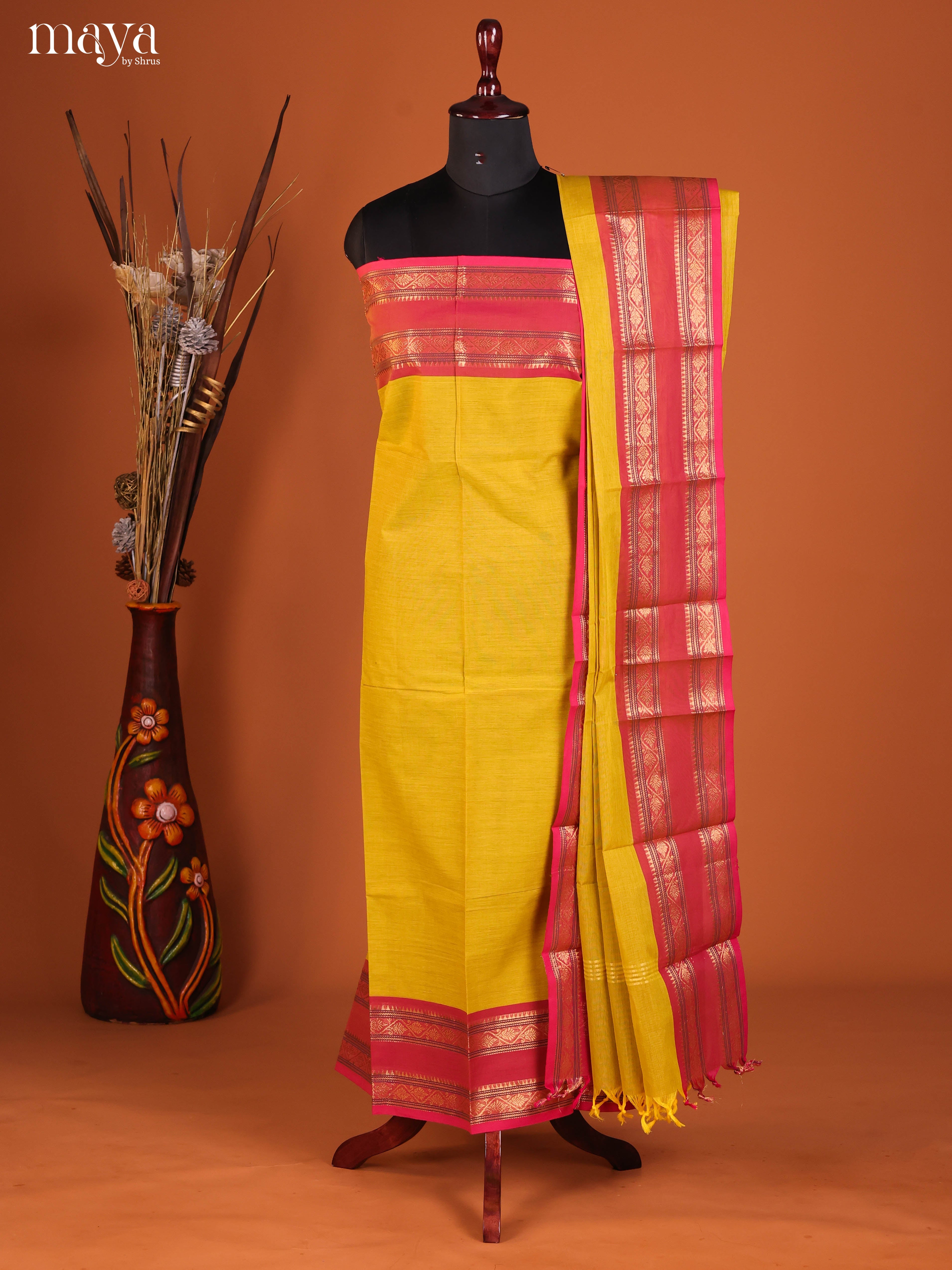 Mustard Yellow Chettinad Cotton Top & Dupatta Set With Rettaipet Zari Border