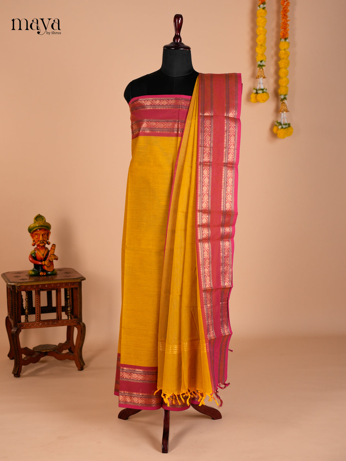 Mustard Yellow Chettinad Cotton Top & Dupatta Set With Rettaipet Zari Border