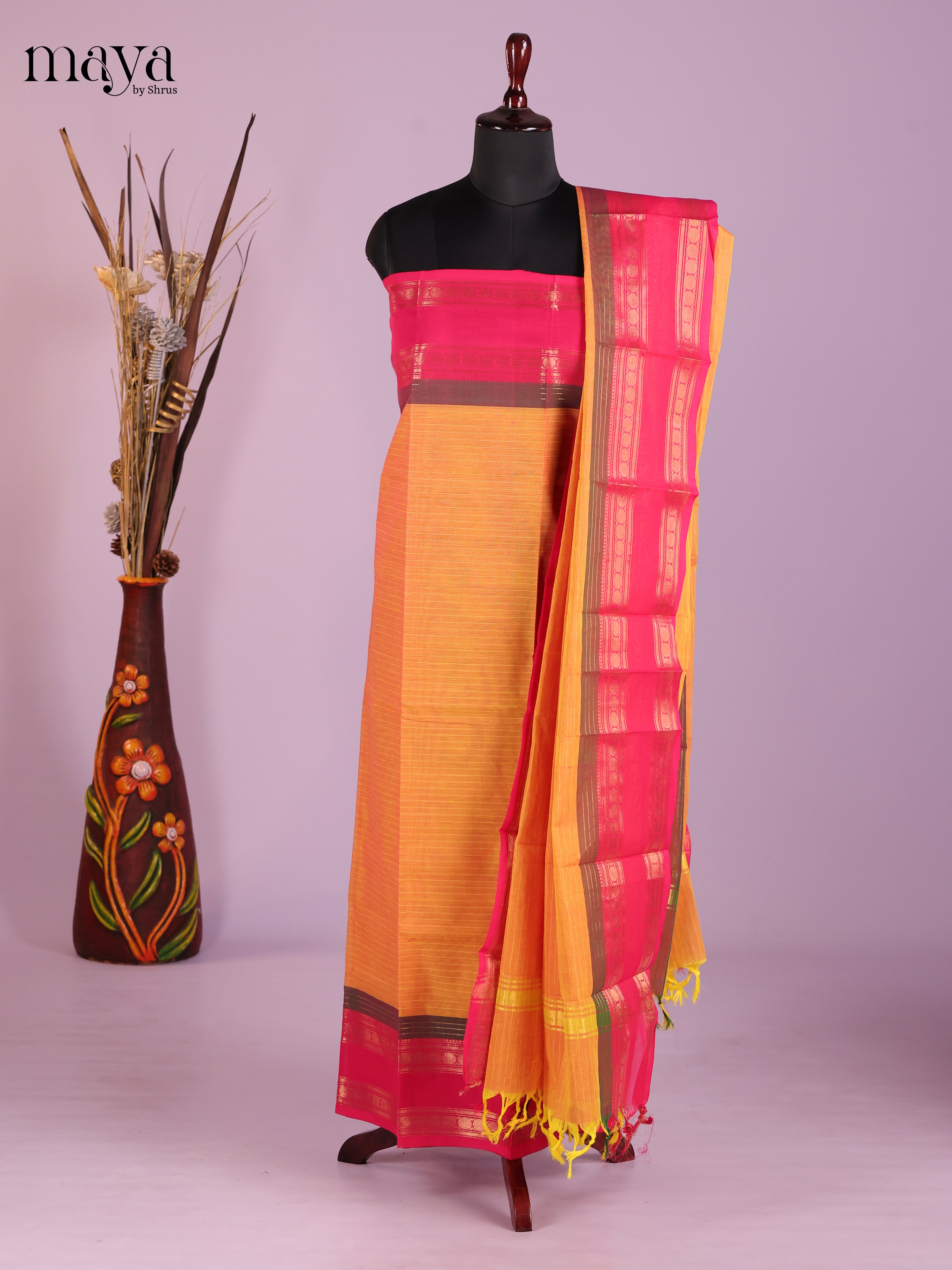 Stunning Orange Chettinad Cotton Top & Dupatta Set With Pink Zari Border
