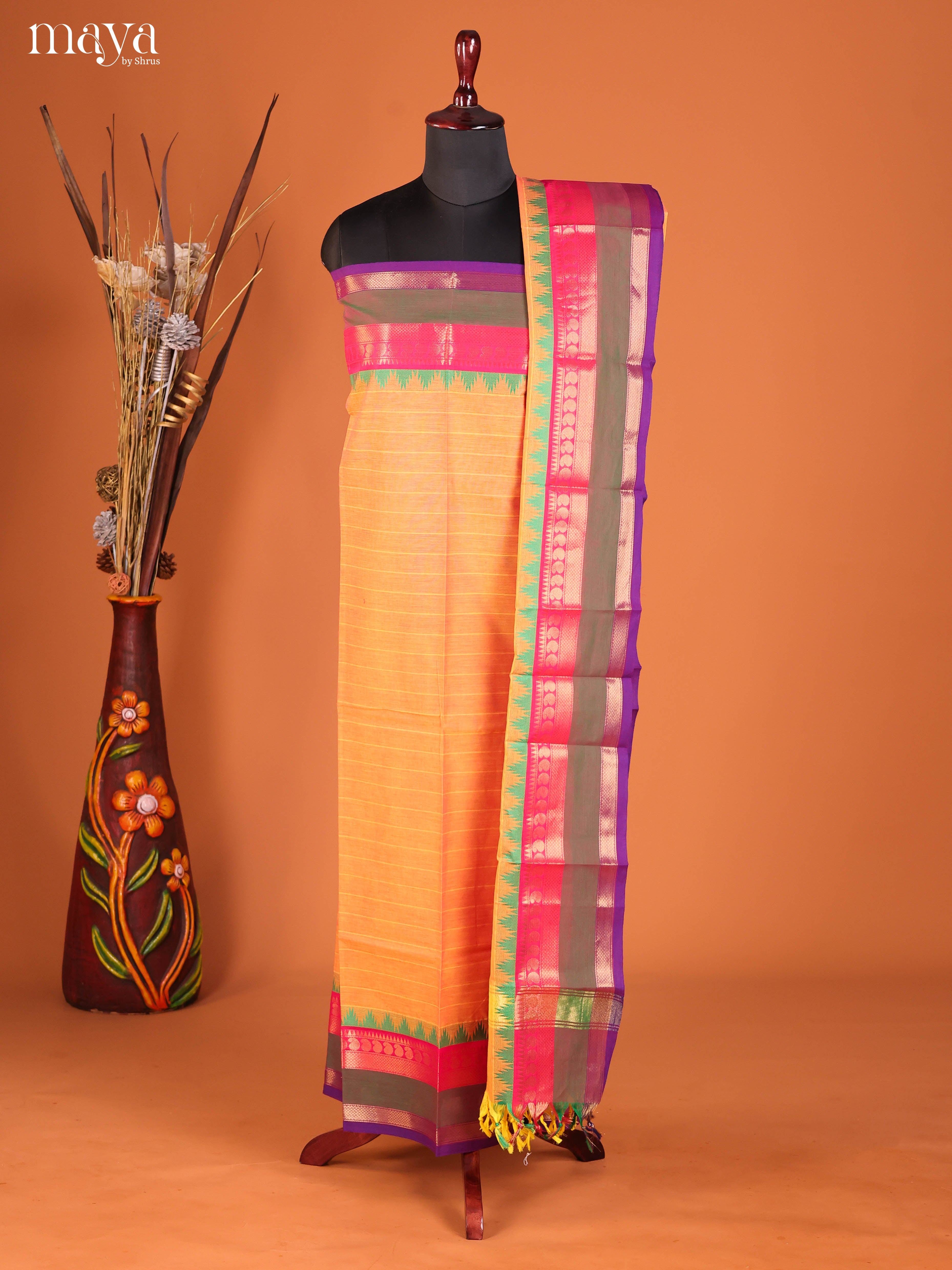 Vibrant Orange Chettinad Cotton Top & Dupatta Set With Zari Border