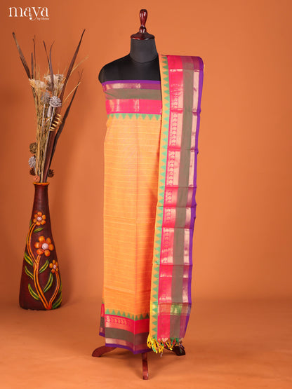 Vibrant Orange Chettinad Cotton Top & Dupatta Set With Zari Border