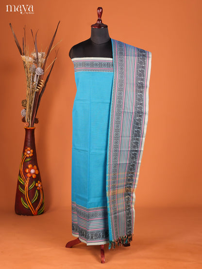 Serene Blue Chettinad Cotton Top & Dupatta Set With Thread Woven Border