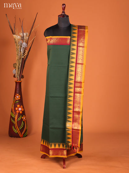 Striking Dark Green Chettinad Cotton Top & Dupatta Set With Temple Zari Border