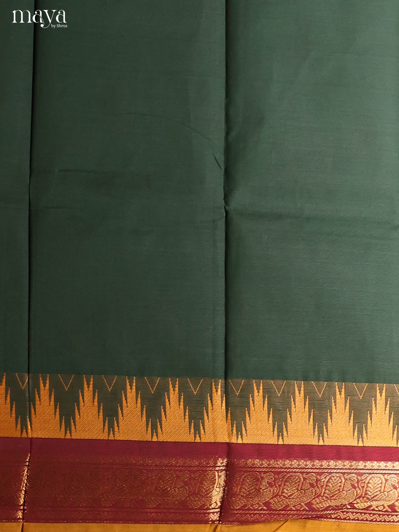 Striking Dark Green Chettinad Cotton Top & Dupatta Set With Temple Zari Border