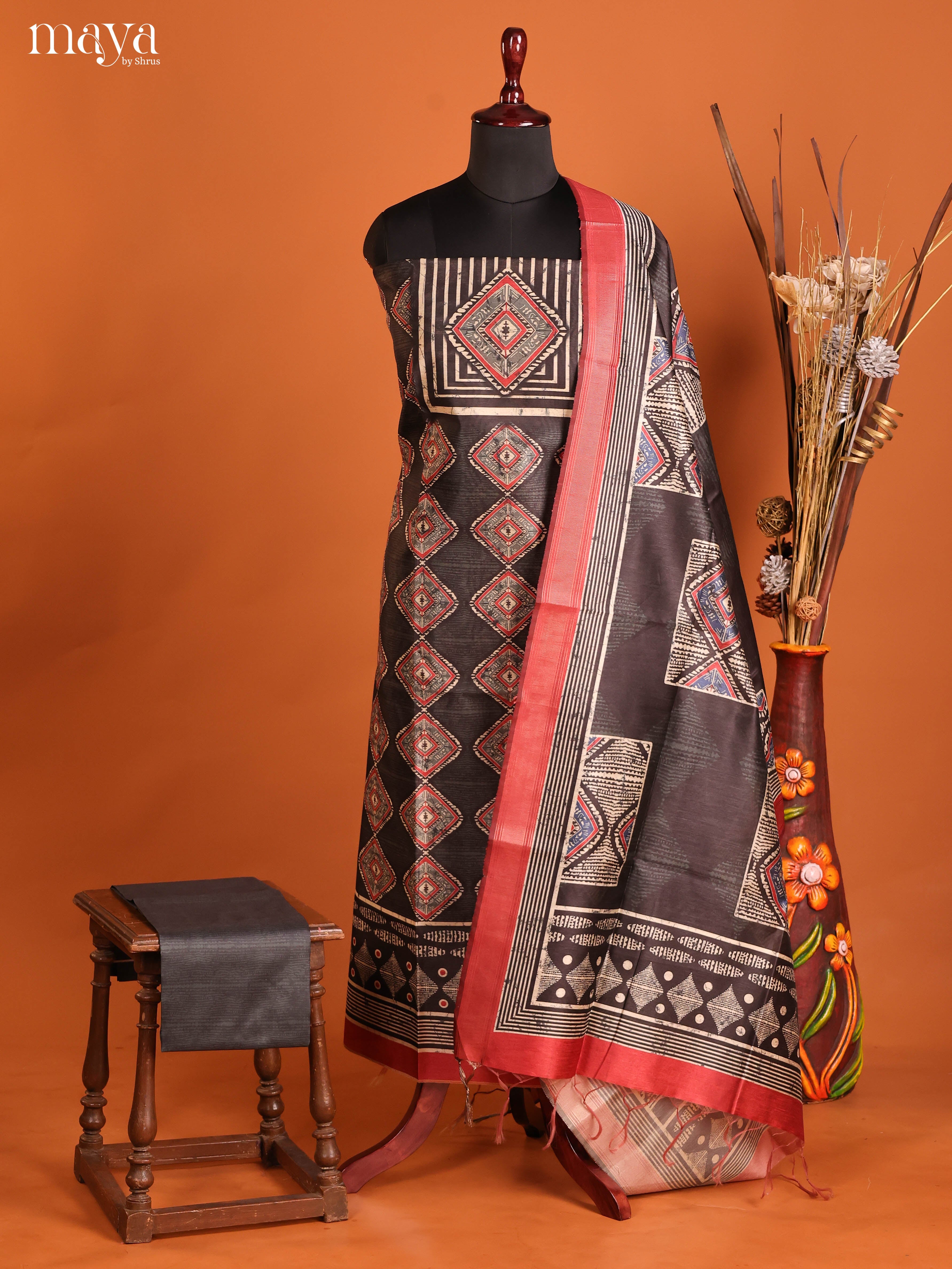 Chic Elephant Black Semi Tussar Salwar Material With Traditional Prints