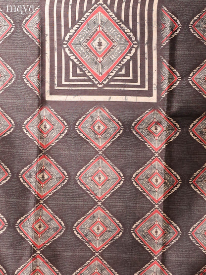 Chic Elephant Black Semi Tussar Salwar Material With Traditional Prints