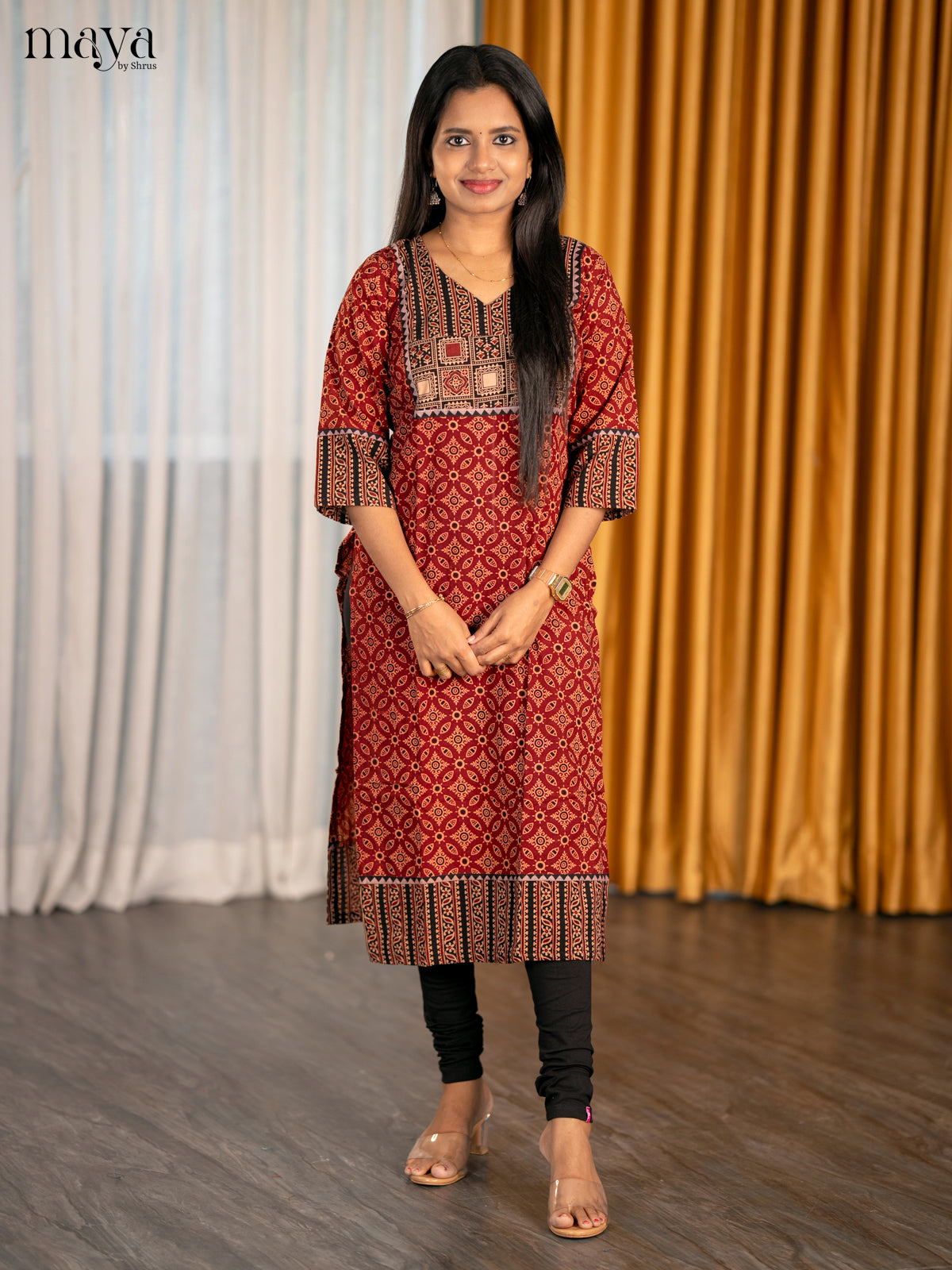 Elegant Maroon & Black Geometric Patterns Printed Long Kurti