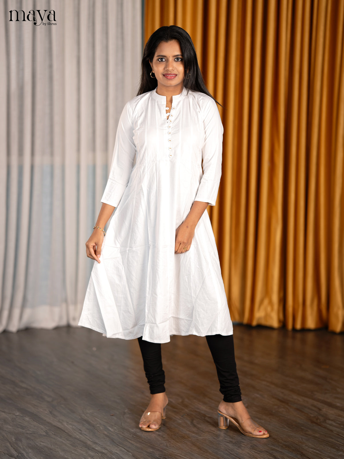 Versatile White A Line Cotton Kurti With Mandarin Collar