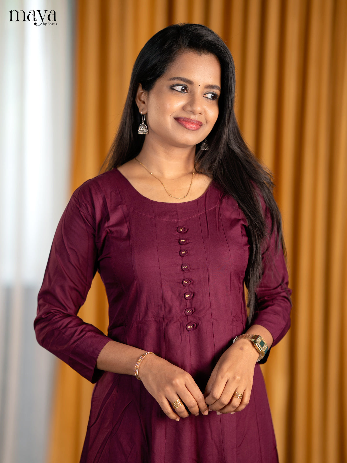 Elegant Deep maroon A Line Kurti With Round Neck