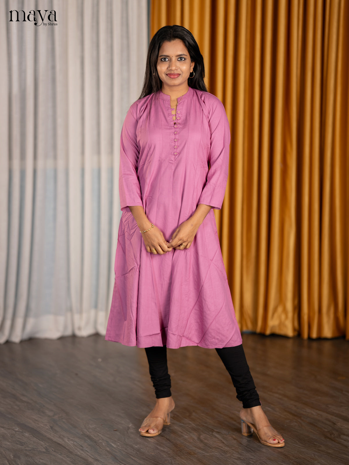 Exquisite Mauve A Line Kurti With Mandarin Collar