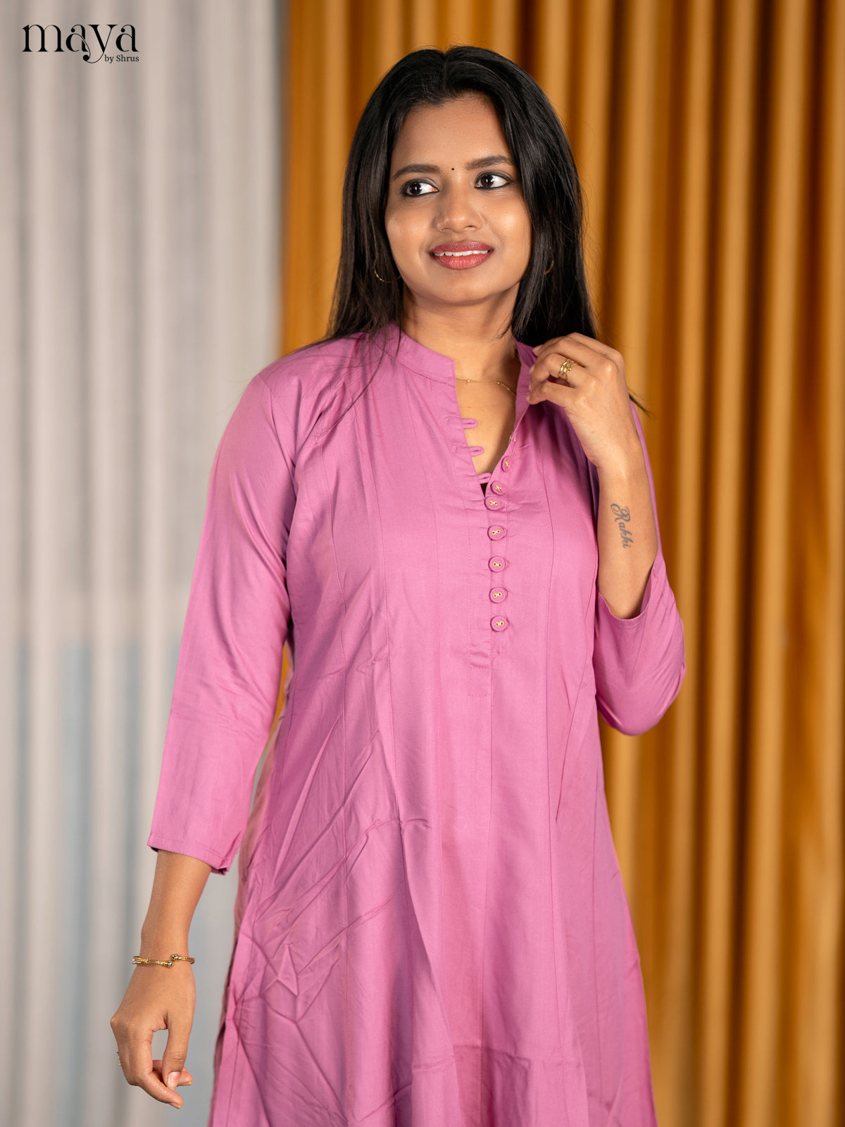 Exquisite Mauve A Line Kurti With Mandarin Collar