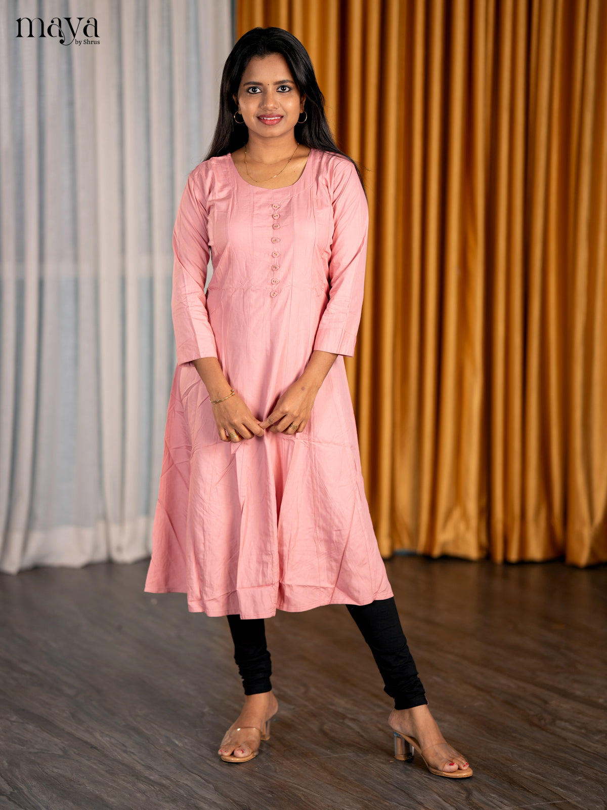 Pretty Light Pink A Line Kurti With Round Neck