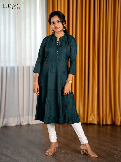 Serene Dark green A Line Kurti With Mandarin Collar