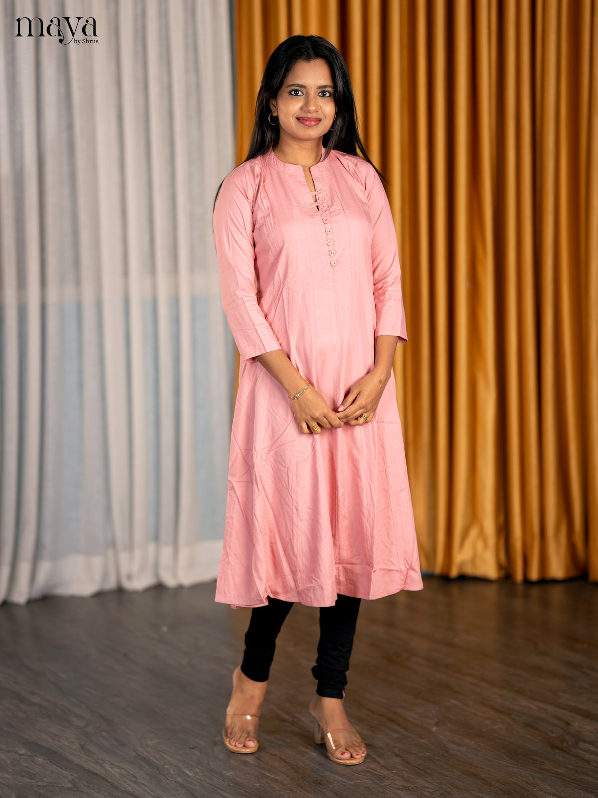Classy Light Pink A Line Kurti With Mandarin Collar