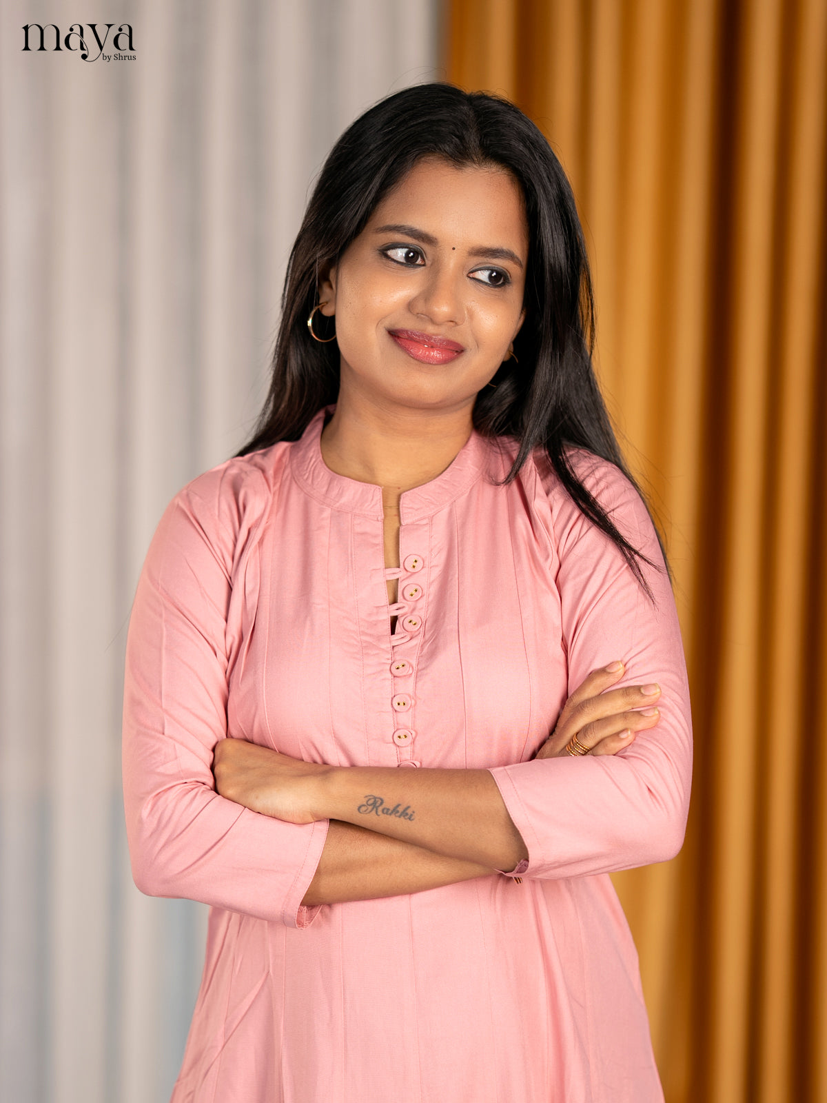 Classy Light Pink A Line Kurti With Mandarin Collar