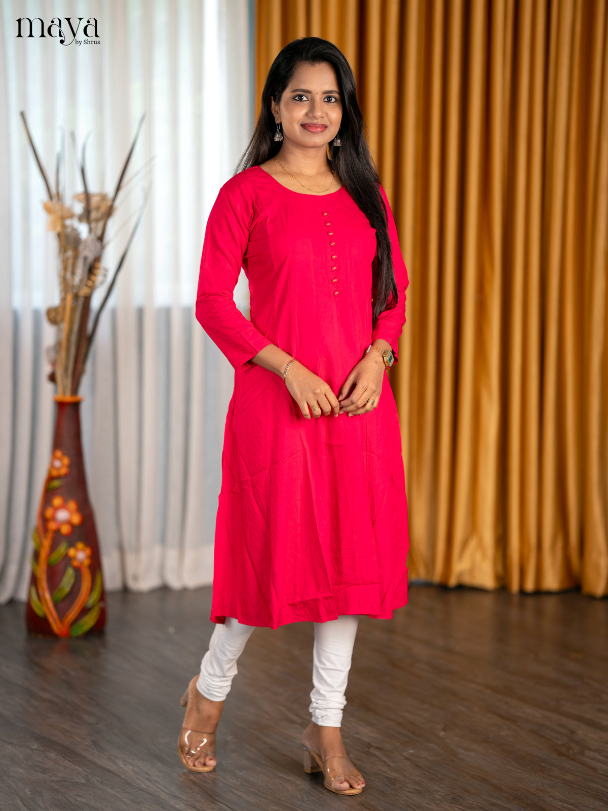 Vibrant Hot Pink A Line Kurti With Round Neck
