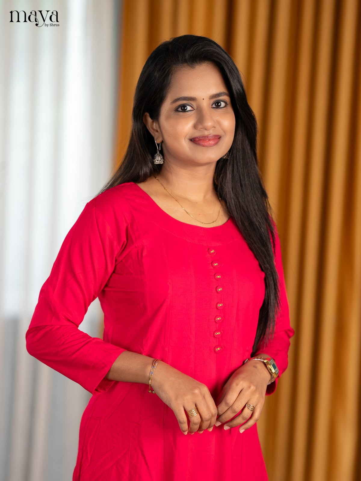 Vibrant Hot Pink A Line Kurti With Round Neck