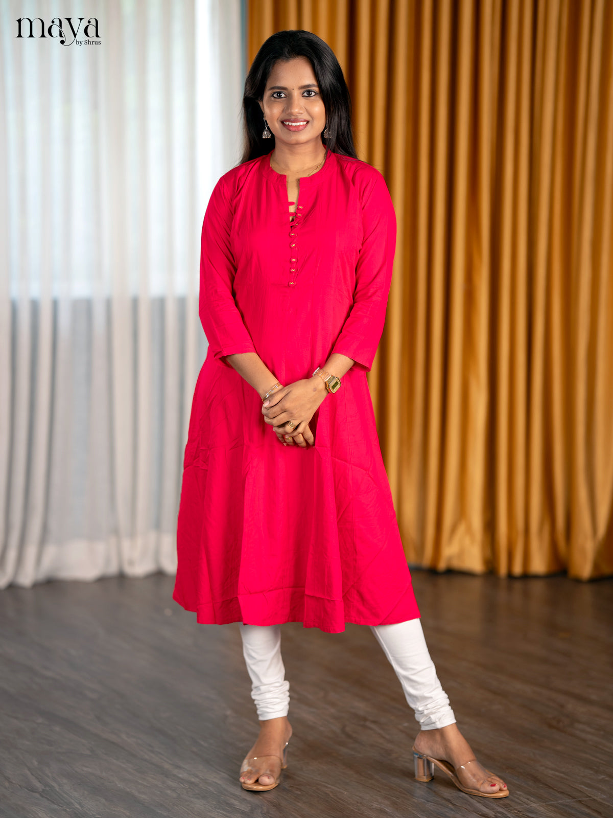 Exquisite Hot Pink A Line Kurti With Mandarin Collar