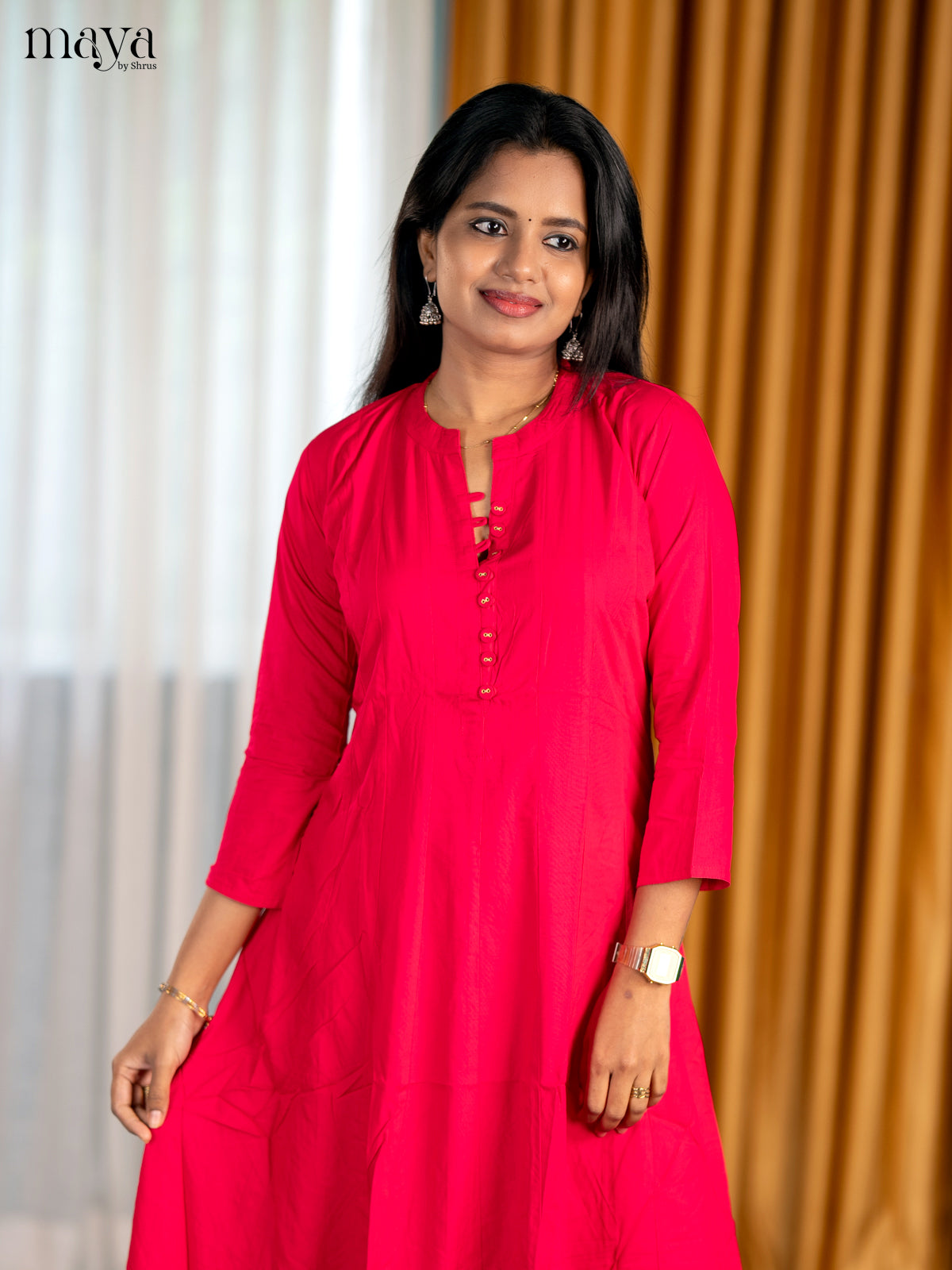 Exquisite Hot Pink A Line Kurti With Mandarin Collar