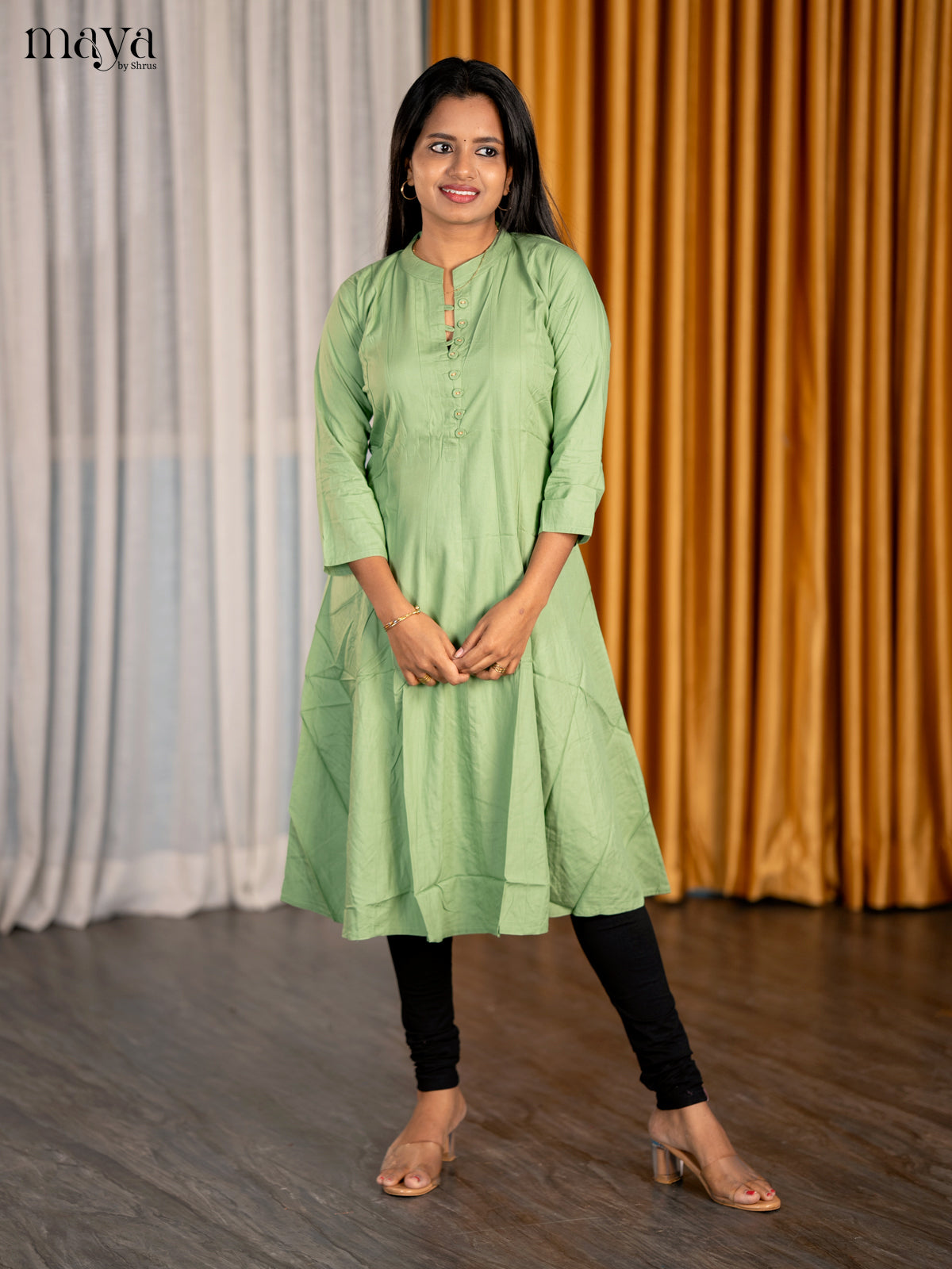 Classic Sage Green A Line Readymade Kurti With Collared Neck