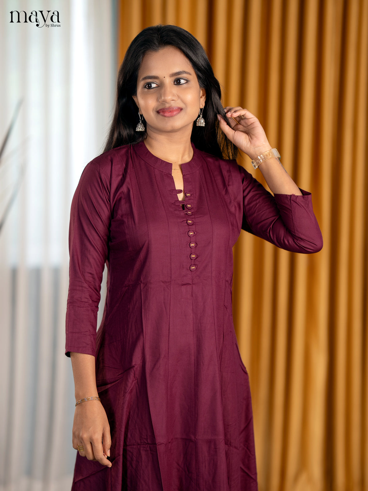 Serene Deep Maroon A Line Readymade Cotton Kurti