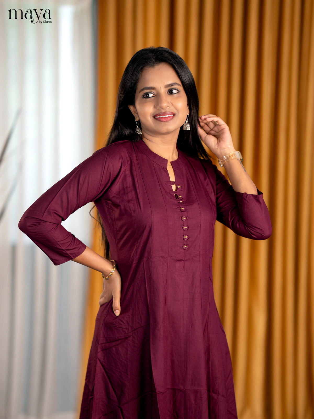 Serene Deep Maroon A Line Readymade Cotton Kurti