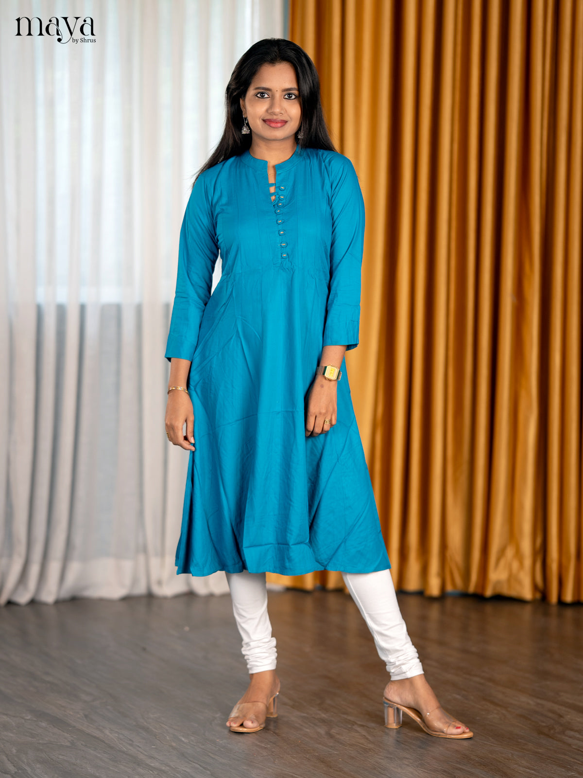 Elegant Azure Blue A Line Readymade Kurti With Mandarin Collar