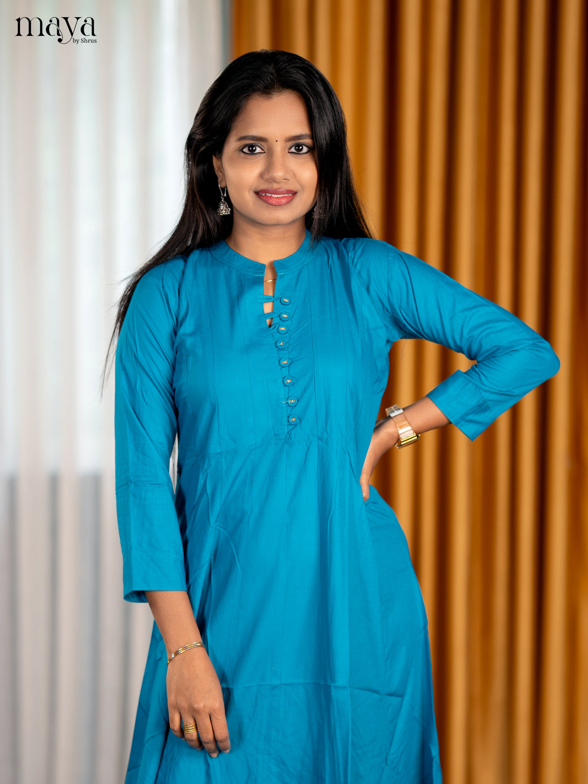 Elegant Azure Blue A Line Readymade Kurti With Mandarin Collar