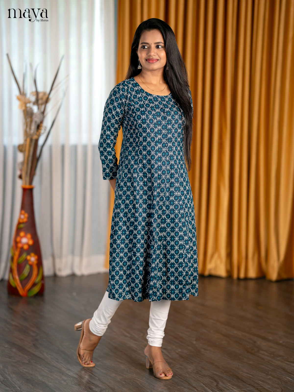 Classic Indigo A Line Kurti With Ikkat Print