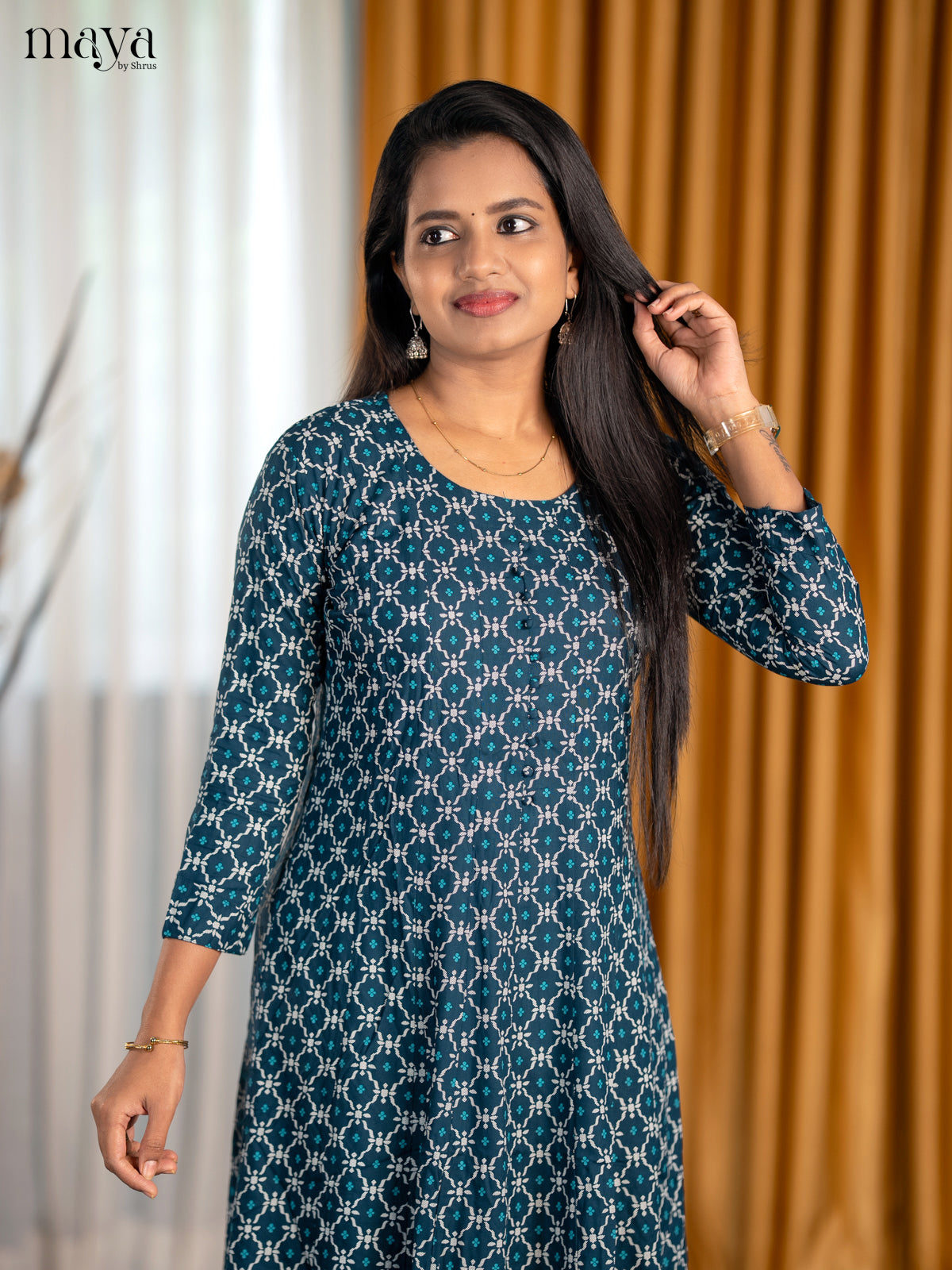 Classic Indigo A Line Kurti With Ikkat Print