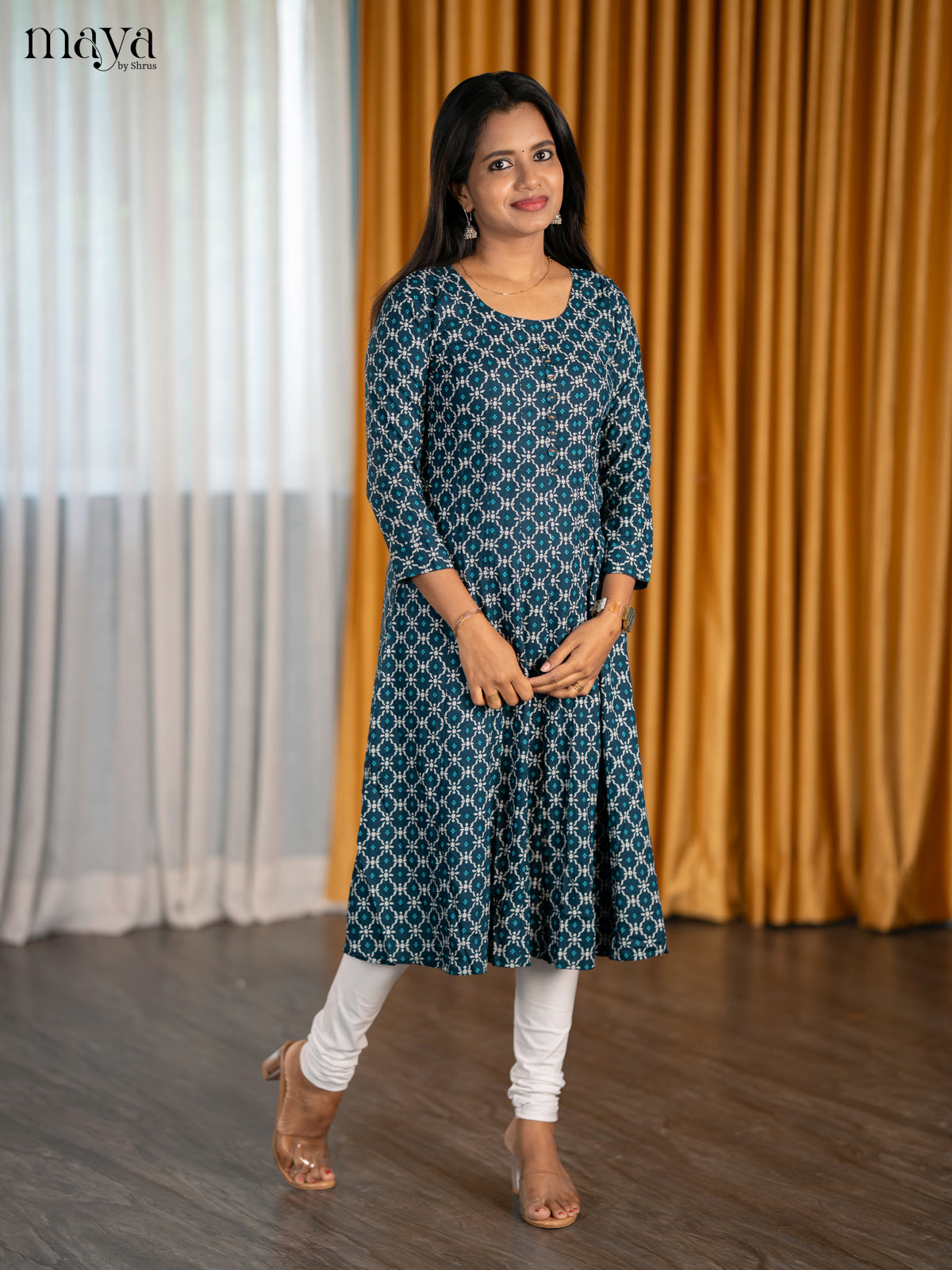 Chic Indigo Blue Readymade Kurti With Ikkat Print & U Neck