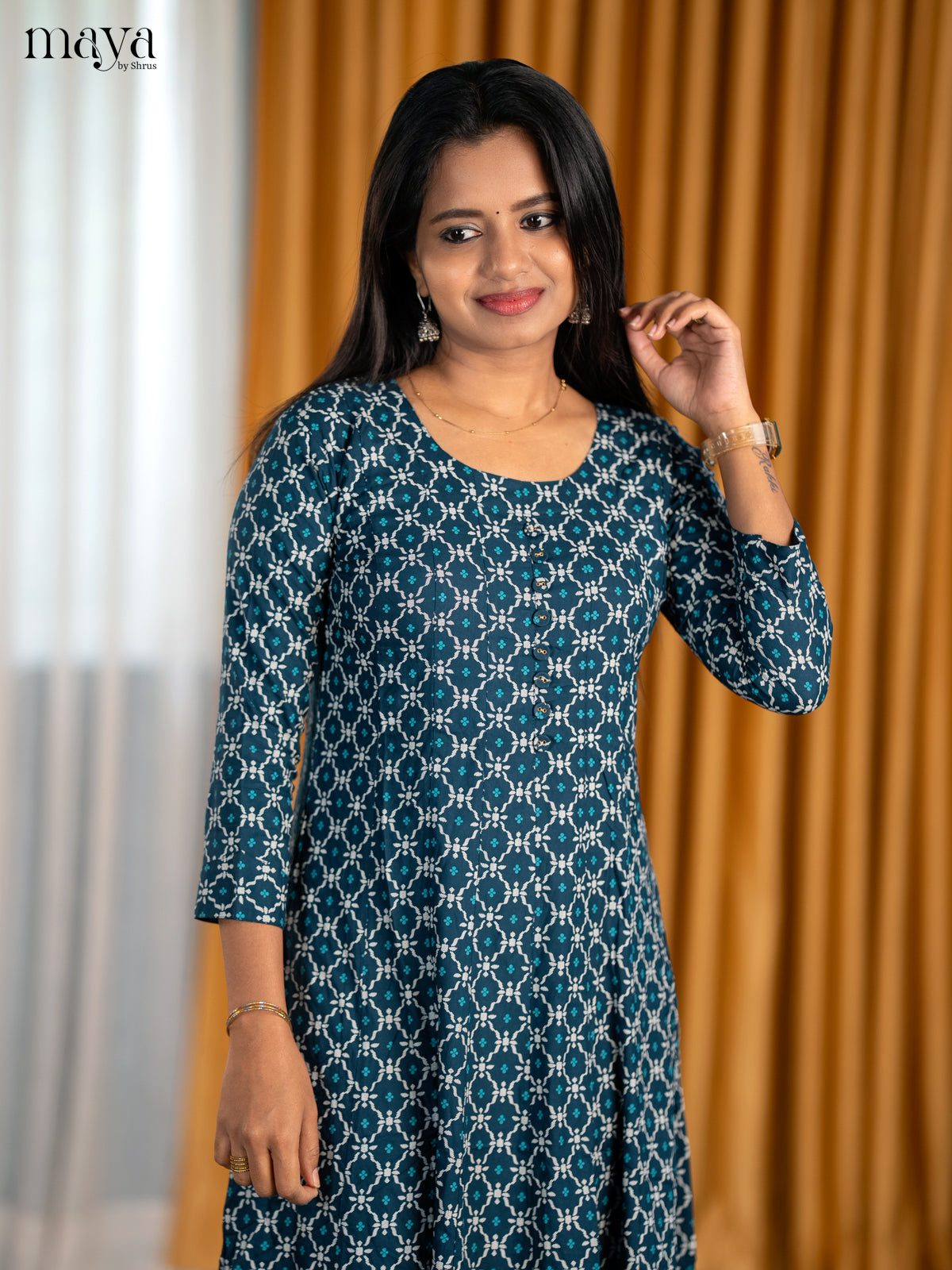 Chic Indigo Blue Readymade Kurti With Ikkat Print & U Neck