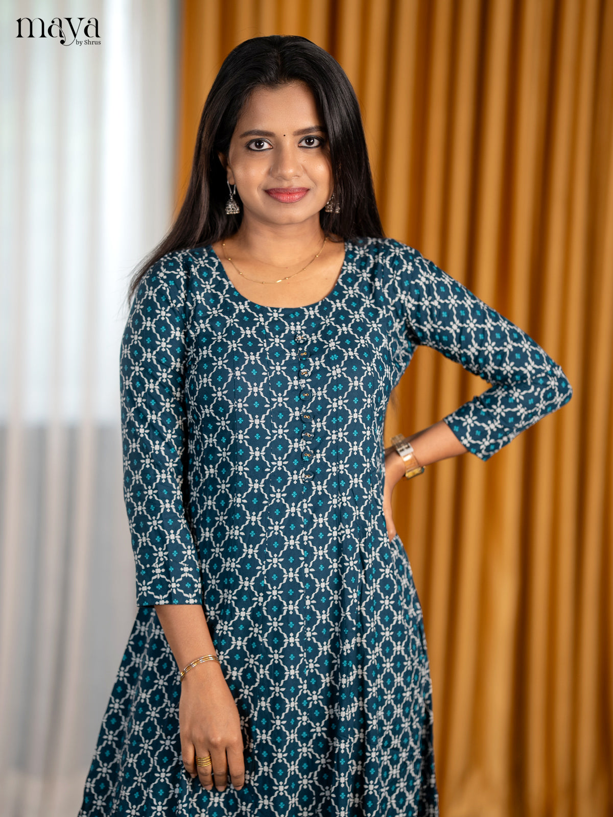 Chic Indigo Blue Readymade Kurti With Ikkat Print & U Neck