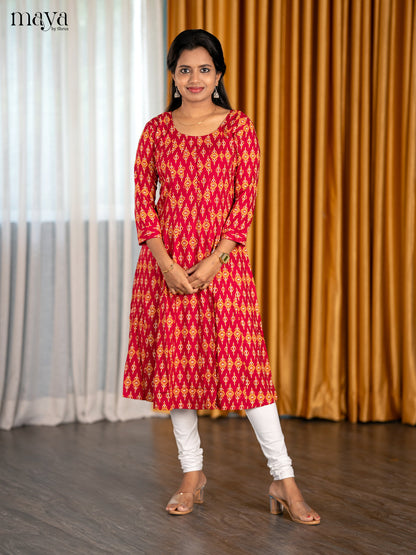 Red Anarkali Cotton Kurti With Ikkat Print & U Neck